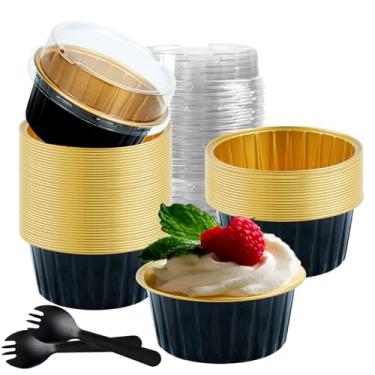 Imagem de 60 peças de mini formas de bolo com tampas, copos redondos de folha de alumínio de 150 ml, mini ramequins descartáveis de 125 ml, muffin de estanho de ramequins e brownie, copos de cupcake de