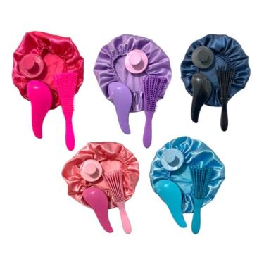 Imagem de Kit Escova Polvo 3 Peças, Escova Mágica com Massageador Capilar e Touca de Cetim, Cores Sortidas, para Cabelos Cacheados e Crespos (Aleatório)