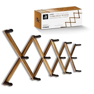 Imagem de Mercurial Trade Cabide de madeira grande expansível – ganchos de madeira de pinheiro montados na parede sanfonada – pinos modernos feitos à mão – pendurar casaco, jaqueta, chapéu, toalha – 14 ganchos