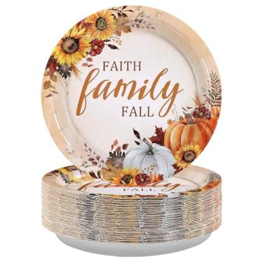 Imagem de Grencian 50 peças de pratos de festa de outono fé família 23 cm, descartáveis, resistentes, outono, girassol, deserto, pratos de papel para outono, dia de Ação de Graças, colheita, reunião, decorações