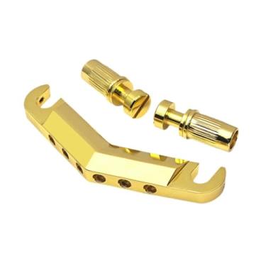 Imagem de simhoa Guitarra elétrica Stop Bar Tailpiece Guitarra Ponte Tailpiece 6 cordas estilo LP Hardware resistente em formato de V com pinos de ancoragem, Ouro