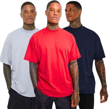 Imagem de Kit 3 Camisas Oversized Gola Alta Vermelha, Azul e Cinza Claro em Algodão