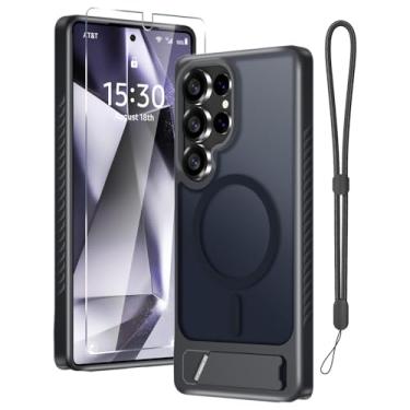 Imagem de Capa para Samsung Galaxy S25 Ultra com protetor de tela + alça de pulso, capa magnética translúcida fosca robusta fina embutida com suporte invisível [apto para MagSafe], preto 2025