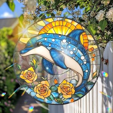 Imagem de VAIIEYO Decoração para pendurar janela apanhador de sol acrílico golfinho, enfeite refletor de luz dupla face de 19 cm para decoração de janela, jardim, varanda ou varanda, inauguração de casa
