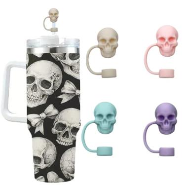 Imagem de Tampas de cobertura de palha de Halloween, 4 peças, protetores de canudos de silicone para Stanley copo de 30 e 1,134 g, rosa, bege, roxo, azul, caveira, canudos, tampas, reutilizáveis, acessórios