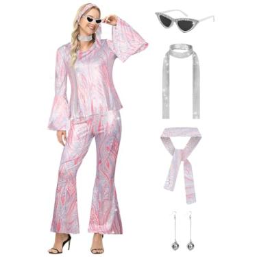 Imagem de FEELJAM Roupas femininas de discoteca dos anos 70, retrô, 8 peças, com blusa, calça, óculos de sol, anel, brincos, peruca (rosa, 2GG)