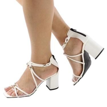 Imagem de Sandália Feminino Salto Bloco 7cm Napa Branca Com Detalhe Bolinha Em O