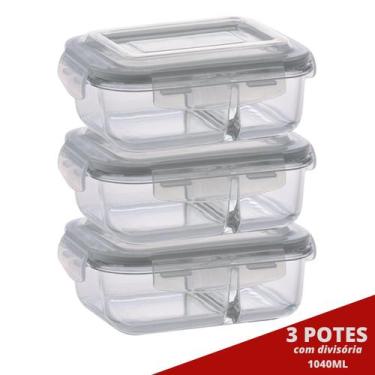 Imagem de 3 Pote Retangular 1040ML c/ Divisória e Tampa Marmita Lancheira - QUAL