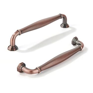 Imagem de khtumeware Pacote com 10 puxadores de armário de cobre antigo escovado de 128 mm (5 polegadas) puxadores de armário vintage ferragens sólidas para armário puxadores de gaveta puxador de cômoda