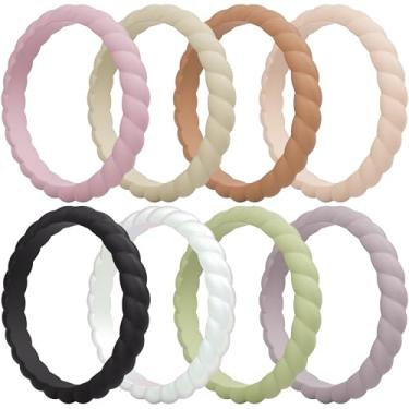 Imagem de ThunderFit Alianças de casamento de silicone trançadas finas para mulheres, anéis de noivado de borracha de 3,5 mm de largura e 2 mm de espessura - 1/4/8/10/12/16 pacote variado, 7.5 - 8 (18.2mm