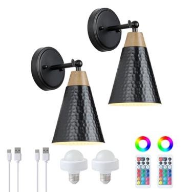 Imagem de MWZ Conjunto de duas arandelas de parede pretas recarregáveis, iluminação operada por bateria sem fio com controle remoto, lâmpada de ângulo ajustável com 12 temperaturas de cor RGB reguláveis com