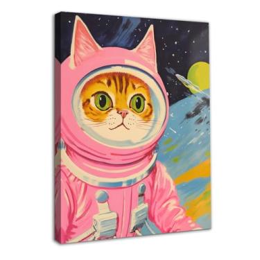 Imagem de Dazzlewall Emoldurado Pink Cat Astronaut Wall Art Print, Pôster Engraçado de Gato No Espaço para Decoração de Quarto de Meninas de Berçário E Quarto de Meninas 12x16 polegada