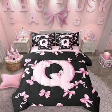 Imagem de Erosebridal Conjunto de edredom queen com laço rosa, para meninas adolescentes, rosa e preto, em uma bolsa com laço de coquete, fofo, conjunto de cama de 7 peças, moderno, moderno, com laço, edredom