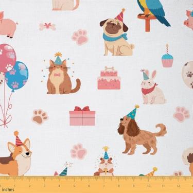Imagem de Tecido Cute Dogs da The Yard Kawaii Pet Puppy Sweet Cake Decor Tecido para Crianças Adolescentes Meninas Adorável Estampa de Pata Feliz Aniversário Tecido para Decoração de Quarto e Estofamento DIY 3
