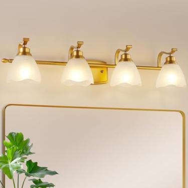 Imagem de UnicozoHome Luminárias de banheiro com 4 luzes, luminárias modernas douradas com sombra de vidro, luminárias de banheiro sobre espelho, lâmpada de parede de banheiro para sala de estar, quarto