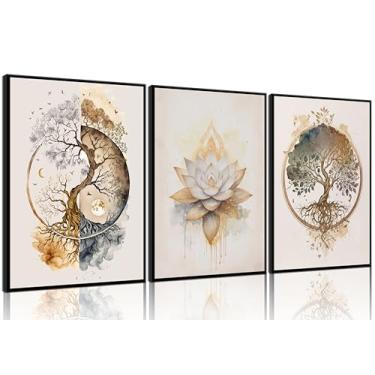 Imagem de 3 peças de arte de parede árvore da vida moderna ouro lótus zen decoração de parede abstrato Yin Yang pôsteres imagens ioga meditação estúdio pintura impressões para sala de estar, hotel, quarto