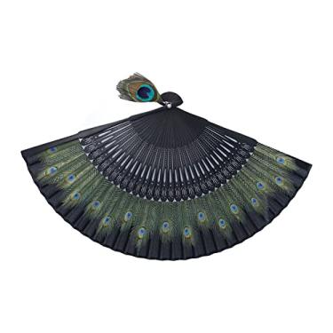 Imagem de BAFOVY Ventilador Dobrável Portátil Com Padrão de Pavão, Antigo Ventilador de Mão de Bambu Preto para Desempenho, Figurino, Decoração