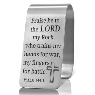 Imagem de XQLZY Praise Be to The Lord My Rock Psalm 144:1 clipe de viseira de carro gravado em aço inoxidável, acessórios de viseira, acessórios de carro, inspiração religiosa segura clipe de direção presentes