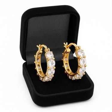 Imagem de Brinco Argola Dourada Prata Semijoia Feminino Zircônia Luxo + Caixa Pr