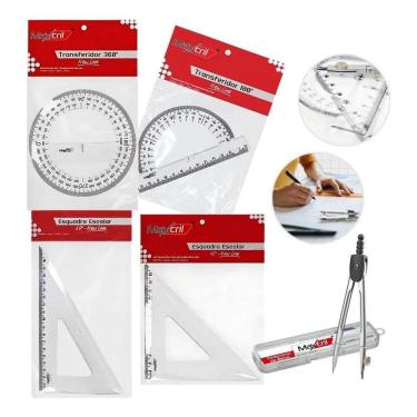 Imagem de 3X Kit 5Un Escolar Transferidor Esquadro Compasso Matemática