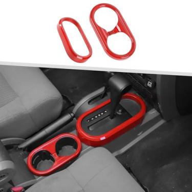 Imagem de Jimen Adequado para Jeep Wrangler JK JKU 2007-2010, 2 peças de capa de suporte de copo frontal e moldura de acabamento de câmbio de marchas (vermelho)