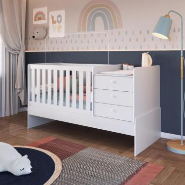 Imagem de Berço Infantil Multifuncional Menino Menina 196cm Com Cômoda, Trocador E Grade Em Mdf Branco