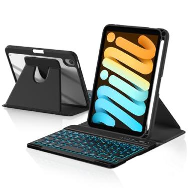 Imagem de Harvopu Capa com teclado para iPad mini 7 A17 Pro/6 geração 2024/2021 8,3 polegadas, capa traseira transparente giratória de 360° com teclado destacável retroiluminado de 7 cores, suporte de lápis