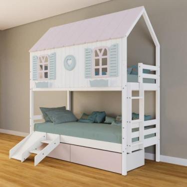 Imagem de Beliche Casinha Bela com Coração 2 Gavetas Rosa Kit Escada/Escorregado