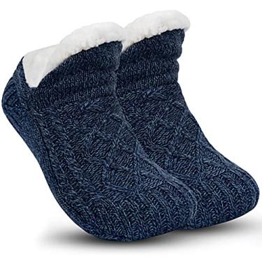 Imagem de Meias de chinelo para mulheres, homens e meninas, meias fofas, quentes, tricotadas, forradas com lã, macias, macias, aconchegantes, para inverno, casa, cama, cama, chinelos, meias, Azul marinho, 9-11