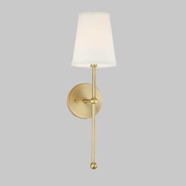 Imagem de Luminária de parede clássica rural, luminária de parede com abajur de tecido vintage com suporte de coluna linear de níquel/latão, luminária de banheiro têxtil alargada branca de fazenda, lu