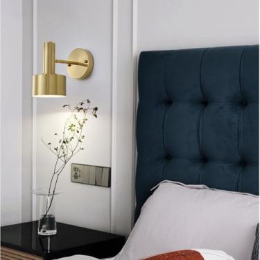 Imagem de Luminária de parede redonda interna giratória E27 moderna ajustável abajur de cabeceira chassi de metal dourado braço giratório luz noturna para corredor escada sala de estar quarto