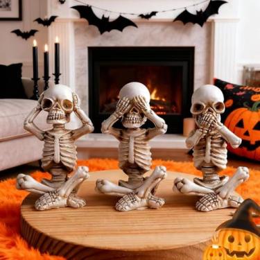 Imagem de Halloween Skull Figurine Hear Say Not Evil Baby Skeleton Figurine 4.8 Inch Three Piece Home Decoration Ossuary Cemetery Desk Bookshelf Office