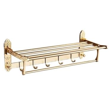 Imagem de Toalheiro de armazenamento de banheiro com barra de toalha e 7 ganchos, prateleira dobrável de 49,8 cm com entalhado requintado, suporte de parede de armazenamento de toalhas para banheiro, lavatório