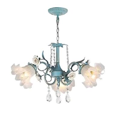 Imagem de Lustre de cristal Cerâmica Rosa K9 Lustre de cristal Vintage Vidro Flor Pingente Luz Antiga Fazenda Altura ajustável Luminária de teto para sala de jantar Sala de estar Quarto (Tamanho
