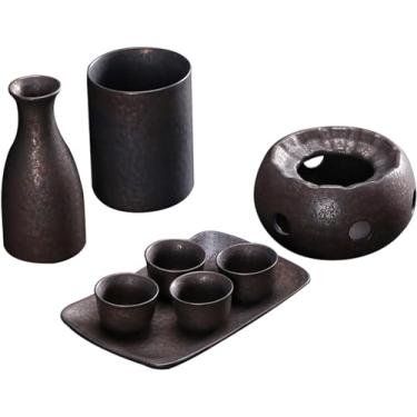 Imagem de JOEUQK Conjunto de saquê de cerâmica com panela quente e bandeja - Conjunto de saki quente de cerâmica japonesa tradicional com 8 peças, incluindo 1 pote de saquê, 4 copos de saquê, 1 caneca aquecida