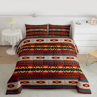 Imagem de jejeloiu Conjunto de edredom ocidental boho, tamanho queen, asteca, para crianças, meninos, meninas, étnico, tribal, flecha, edredom para decoração de quarto, 3 peças com 2 fronhas