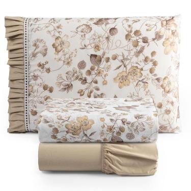 Imagem de Jogo Cama Lençol Fiore Solteiro Estampado 180 Fios 100% Algodão com Babadinho 3 Peças Bege Floral