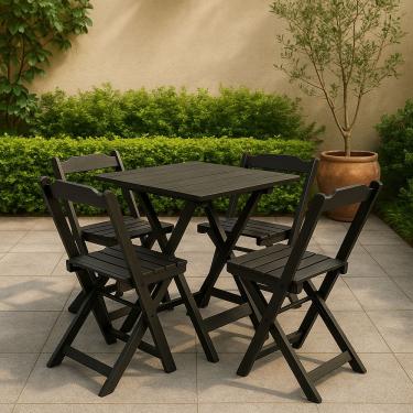 Imagem de Conjunto Mesa Dobrável 70x70 Tampo Madeira E 4 Cadeiras Dobrável Retrátil Preto