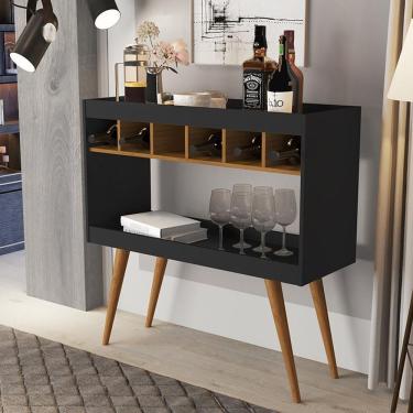 Imagem de Aparador Athenas Com Adega Com Pés De Madeira Maciça Preto/nature Preto/nature
