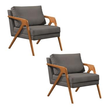 Imagem de Kit 2 Poltronas Mona Monique Luxo Base Madeira Maciça Cerejeira Veludo Grafite