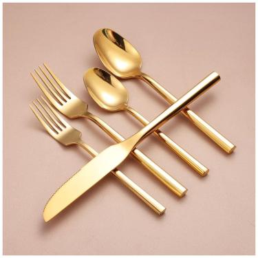 Imagem de Conjunto de Talheres de Aço Inoxidável Dourado com Cabo Hexagonal 20 Peças - Presente de Casamento e Chá de Casa Nova - Zerophilo