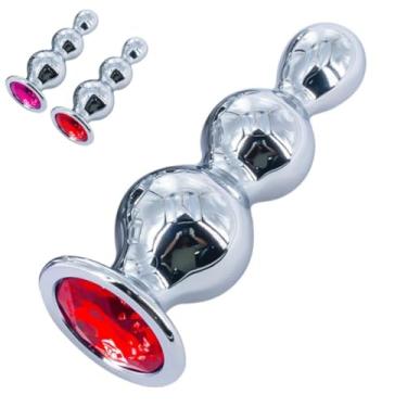 Imagem de Plug Anal Escalonado Com Esferas Em Aço Com Pedra Na Base Prazer Intenso e Estimulação Única [VERMELHO]