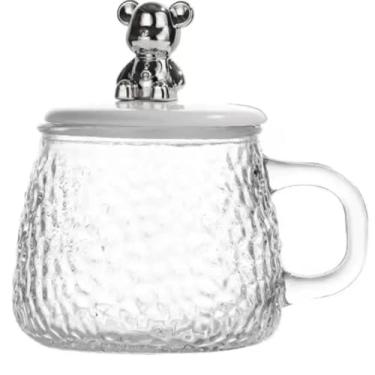 Imagem de Lanty Caneca de Vidro Texturizada com Tampa de Urso, 400ml, Transparente, com Colher, Decorativa