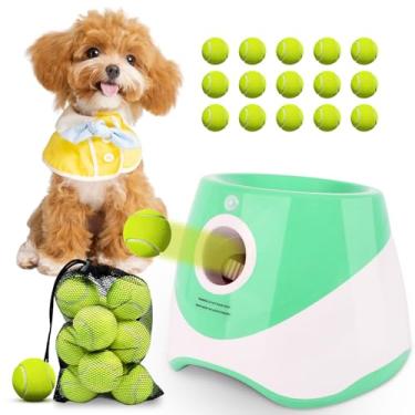 Imagem de OLenyer Lançador automático de bolas para cães, 15 mini bolas de tênis de 5 cm e bolsa de malha, lançador de bolas para cães pequenos com 3 configurações de distância - verde