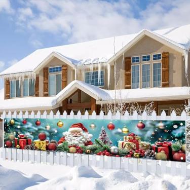 Imagem de Saoplasa Banner de Natal 395 x 50 cm, cenário de feliz Natal, decoração de parede com caixas de presente de Papai Noel, enfeites de pinhas, fundo de fotos para decoração de festas internas e externas