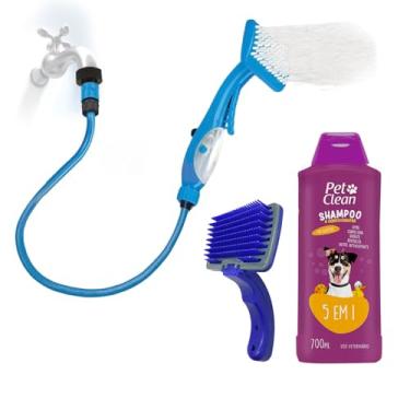 Imagem de Shampoo pet caes gatos kit banho chuveiro ducha pratica rasqueadeira escova shampoo 5 em 1