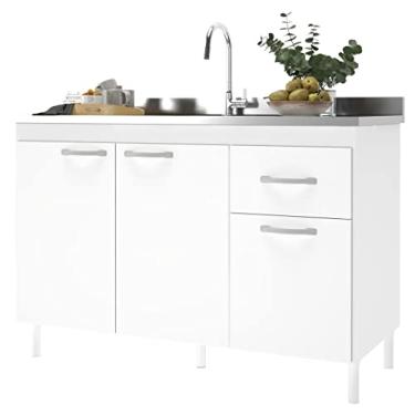 Imagem de Balcão de Pia 120 Gabinete Cozinha Armário Branco 3 Portas 1 Gaveta Sem Tampo