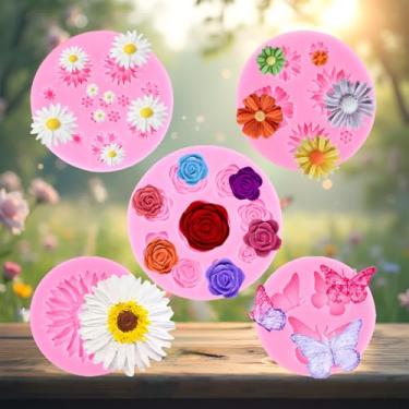 Imagem de Molde de silicone para fondant de borboleta margarida rosa crisântemo molde de silicone para decoração de bolos topo de cupcake chocolate doce argila polímero conjunto de 5