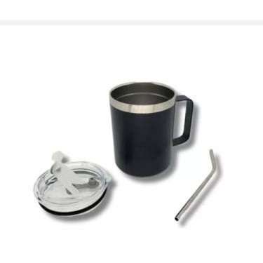 Imagem de Copo Térmico de Aço Inoxidável Preto com Tampa e Canudo, 500ml, Design Moderno, Isolamento Térmico