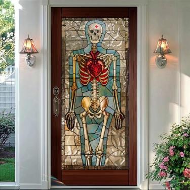 Imagem de HOMETITUTE Anatomia gótica esqueleto coração privacidade filme vitral decorativo aderente para portas de vidro e janelas, painel de PVC esqueleto de Halloween, 40,6 x 99 cm, decoração interna de